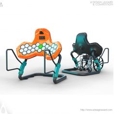 an orange and black toy with wheels on it's stand next to another toy in the shape of a wheel chair