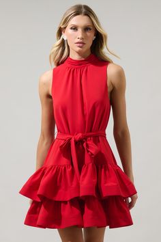 Let your passionate side take over in the Teresa Ruffle Tiered Mini Dress! A mock neck with a tie in the back and sleeveless look frames this mini dress with a two layered ruffle tiers. The waist has a self-tie belt around. Wear it with white or red heels to go along. - Ruffle tiered dress- Belted- Mock neck- Sleeveless- Comes in 2 colorsSize + Fit - Model is 5'8" and wearing size XS- Measurements taken from size S - Chest: 18 3/8"- Length: 34 3/4" Fabric Self:96%Polyester 4%Spandex, Lining:97%P Tiered Ruffle Mini Dress, Ruffle Tiered Dress, Tiered Mini Dress, Mini Cami Dress, Ruffle Mini Dress, Red Heels, 80 Dress, Red Mini Dress, Long Sleeves Jacket