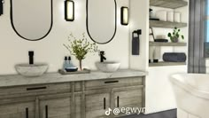 a bathroom with two sinks and three mirrors on the wall next to a bathtub