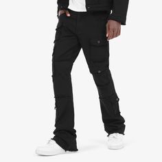 Premium Jet Black Multi Cargo Jeans Frayed Details Stacked Comfort Stretch 39" Length Model Height: 6'0" Model Weight: 170 lbs Size Worn: 32W Fitted Casual Outerwear With Cargo Pockets, Casual Fitted Outerwear With Cargo Pockets, Fitted Cargo Pocket Outerwear For Streetwear, Black Utility Cargo Pants For Urban Adventures, Black Cotton Utility Outerwear, Fitted Outerwear With Cargo Pockets For Streetwear, Urban Fitted Cargo Pants For Fall, Fitted Urban Cargo Pants For Fall, Black Utility Outerwear With Cargo Pockets