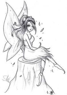 a drawing of a fairy sitting on top of a tree stump