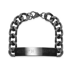 This men's custom coordinate black stainless steel ID bracelet with thick curb links will add instant style to your everyday look. Crafted of polished black plated stainless steel, it's a great identification bracelet that's affordable and luxurious. It measure 8 inches long and has a 2 inch ID bar that can be custom engraved. With a lobster claw clasp, this masculine yet fashionable accessory for men remains securely fastened throughout the day.  For the perfect addition to his wardrobe, personalize it with coordinates that are both meaningful and full of style. Dogeared Jewelry, Coordinates Jewelry, Birthstone Charm Necklace, Heart Wedding Rings, Coordinates Bracelet, Mens Chain Bracelet, Floating Necklace, Bar Jewelry, Jewelry Lockets