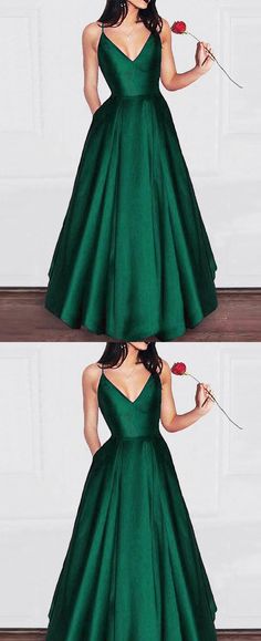 #promdress #green Red Satin Prom Dress, Dark Green Prom Dresses, Attractive Dresses, Graduation Party Dresses, Graduation Gown, Dresses Purple, Prom Dresses With Pockets, Long Prom Gowns, Green Prom Dress