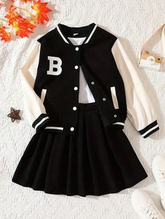 Young Girl Long Sleeve Baseball Jacket With Button & Pleated Skirt B Letter Print Preppy Style Casual Outfit, Spring & Autumn Black Casual  Long Sleeve Polyester,Woven Fabric Cartoon,Figure,Letter  Slight Stretch  Young Girls Clothing, size features are:Bust: ,Length: ,Sleeve Length: Preppy Spring Outerwear For School, Preppy Spring School Outerwear, Long Sleeve Outerwear With Buttons For School, School Outerwear With Button Closure And Long Sleeves, Pleated Short Skirt, Preppy Mode, Skirt Set Two Piece, Estilo Preppy, Quick Outfits