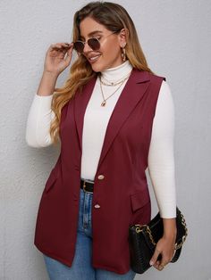 Burgundy Casual  Sleeveless Polyester Plain Vest  Non-Stretch Spring/Fall Plus Size Suits Sleeveless Blazer Outfit Work, Blazer Vest Outfit, Sleeveless Blazer Outfit, Long Blazer Vest, Black Vest Outfit, Sleeveless Blazer Vest, Plus Size Blazers, Black Denim Vest, Elegant Vest