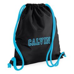 a black and blue drawsack bag with the word'calvin'printed on it