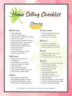 the home selling checklist is shown on a pink and white background, with flowers