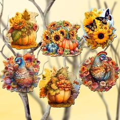 a bunch of turkeys sitting on top of a tree with sunflowers and pumpkins