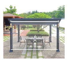 an outdoor dining area with table and chairs