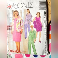 a woman's dress and jacket sewing pattern on a piece of paper with colorful polka dots