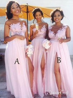 Lace Appliqued Bodice Pink Chiffon Long Mismatched Bridesmaid Dresses with Slit APD2254-SheerGirl Train Concept, Pink Bridesmaid Dresses Long, Bridal Train, Wedding Settings, Bridesmaid Dresses 2018, Blossom Wedding, Bridesmaid Dresses Uk, Bridesmaid Dresses Long Chiffon, Robes D'occasion