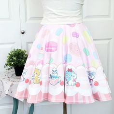 ✦ Desription ✦ Pink cat cafe skirt with bakery cats along the trim and sweet desserts around the skirt! This skirt is a flare skater style with slightly longer back side and has comfortable elastic waist band. Perfect for any cat lovers! The first skirt image shows what it looks like if you wear it with a petticoat underneath! Petticoat is not included and is only shown as an example. This is a made to order skirt and will take anywhere from 2-4 weeks to be made. I have changed manufacturer that Cat Skirt, Pastel Skirt, Emoji Challenge, Skirt Images, Womens Skirts, Pastel Fashion, Cat Cafe, Tacoma Wa, Vintage Pin Up