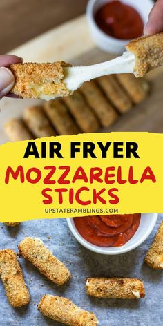 air fryer mozzarella sticks with marinara sauce in the background and text overlay that reads, air fryer mozzarella sticks