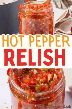 hot pepper relish in a glass jar with a wooden spoon and red peppers on the side