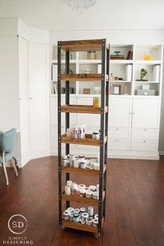 the shelves are made out of wood and metal