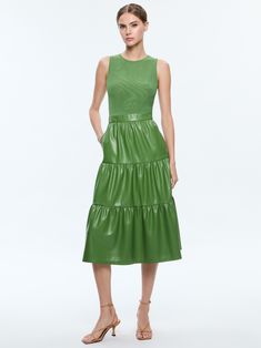 Chara Vegan Leather Sleeveless Tiered Midi Dress In Avocado | Alice + Olivia Tiered Midi Dress, Alice Olivia, Vegan Leather, Avocado, Midi Dress, Green, Leather