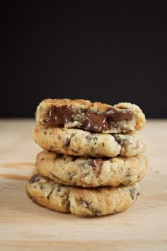 chocolate chip cookies stacked on top of each other