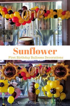 balloons are arranged in the shape of sunflowers for a first birthday balloon decoration