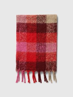 Cozy knit. Fringed ends. Select styles have allover plaid. #548469 Check Scarf, Cooling Scarf, Pajamas Gift, Checked Scarf, Baby Pajamas, Cozy Knit, Blanket Scarf, Cozy Knits, Scarf Shawl