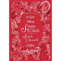 snow white and the seven dwarfs book cover with red background, surrounded by doodles