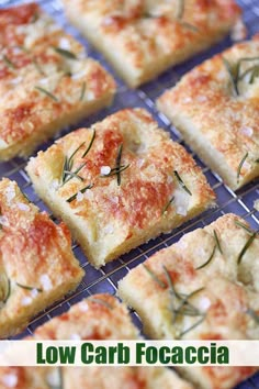 several square pieces of bread with herbs on top and the words low carb focaccia above it