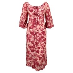 Pink, rose floral-printed, silk dress with open neckline designed by Yves Saint Laurent dating to the 1970's. Fits a US size 4-6. Approximate measurements: bust 38", hips 42", underarm to cuff 18" and length 41". Slips on over the head and ties at front. Silk self covered buttons at wrists. Hidden pockets at hips. Made in France. Good condition. Rose Silk Dress, Fashion 1970s, Floral Printed Dress, Kaftan Maxi Dress, Neckline Designs, Silk Taffeta, Maxi Dress Evening, Printed Dress, Floral Printed