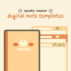 an orange notebook with pumpkins on it and the text spooky season digital note templates