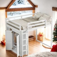 a white bunk bed sitting in the middle of a room next to a christmas tree