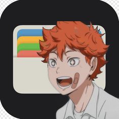 an anime character with red hair and white shirt, looking at the camera while he has his mouth open