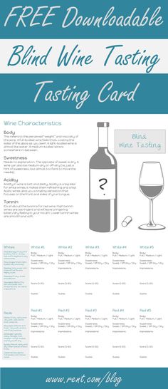 a wine tasting card with the words free printable, and an image of a bottle