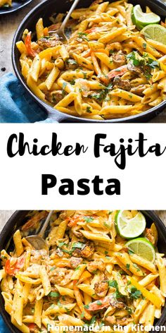 chicken fajita pasta in a skillet with lime wedges on the side