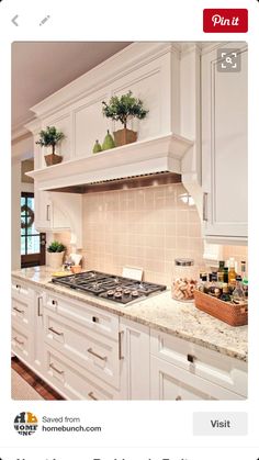 a kitchen with white cabinets and marble counter tops is pictured in this image, there are two potted plants on the stove