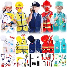 PRICES MAY VARY. Costume Cosplay Set: there are a total of 5 sets of suits of construction worker police firefighter doctor and Surgeon in the package; One set of costume includes 1 vest, 1 hat and small accessories; Which are enough your kids to choose their favorite occupation and dressing up, suitable for school role play and class activities Durable Costumes: toddler dressing up clothes for kids is made of waterproof and durable polyester, nice quality, reusable for a long time; Material is Toddler Dress Up Clothes, Safety Town, Firefighter Accessories, Kids Dress Up Costumes, Vest For Boys, Nurse Kit, Toddler Dress Up, Town Ideas, Kids Dress Up