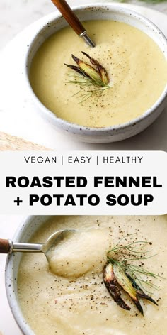 two bowls of roasted fennel and potato soup