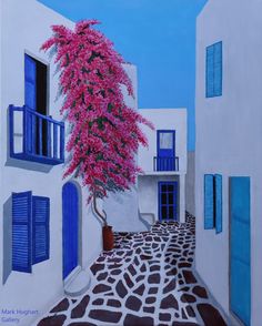 a painting of an alleyway with blue shutters and pink flowers on the tree