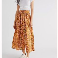 Nwt, Free People, King Scilla,Buttoned Down Closure, Side Pockets, Size M, Seems To Run Small. Measurements Were Taking Laying Flat. Smoke And Pet Free Home Any Questions Are Welcome:) Orange Cotton Skirt For Day Out, Cotton Orange Skirt For Day Out, Yellow Floral Cotton Skirt, Free People Skirt, Women Skirts Midi, Pink Yellow, Floral Skirt, Midi Skirt, Free People