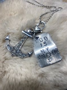 "Stamped metal necklace - large Anchor bling charm  24\" ball chain" Silver Hand Stamped Metal Necklace, God Is My Anchor, Dainty Gemstone Jewelry, Sterling Silver Name Necklace, Stamped Metal, Name Necklaces, Anchor Necklace, Hand Stamped Necklace, Nameplate Necklace