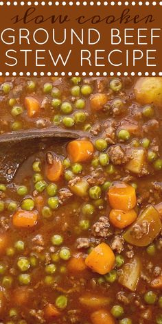 a close up of a bowl of stew with peas and carrots