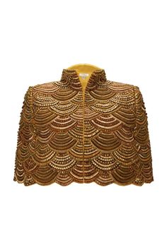 GILT DE HAVILLAND CAPE - CULT MIA Gold Nehru Jacket With Intricate Embroidery For Designer Wear, Luxury Fitted Nehru Jacket With Gold Embroidery, Bollywood Gold Shawl With Cutdana, Designer Gold Nehru Jacket With Intricate Embroidery, Gold Embroidered Bollywood Nehru Jacket, Small Atelier, Embroidered Cape, Women Dresses Classy, Style Mistakes