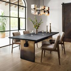 Ali Mid Century Modern Black Oak Wood Grey Leather Dining Collection Table With Chairs, Dining Room Inspo, Small Kitchens, Oak Dining Table, Dining Room Inspiration, Leather Dining Chairs, Four Hands, Modern Trend, Dining Room Ideas