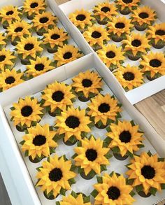 Sunflower Wedding Cake: Flower Decorated Cupcakes Cupcake Creme, Easy Bakes, How To Make Sunflower, Sunflower Birthday Parties, Sunflower Wedding Cake, Sunflower Cupcakes, Cupcake Piping, Fall Deserts, Sunflower Party