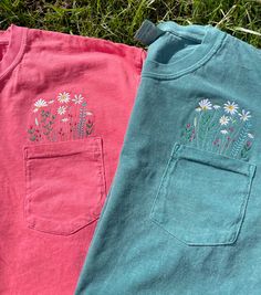 Made to order floral embroidered spring comfort color pocket t shirts! So cute for your favorite flower/ spring lover or even a great Mother's Day gift! Available in emerald green, watermelon pink, or light bay green. Other colors available upon request! Sizes are UNISEX and shirts are comfort colors brand Pink Cotton T-shirt With Pockets, Green Pocket T-shirt For Spring, Green Spring T-shirt With Pockets, Green T-shirt With Pockets For Spring, Green T-shirt With Floral Embroidery For Spring, Green Floral Embroidery T-shirt For Spring, Spring Green T-shirt With Floral Embroidery, Spring T-shirt With Pockets And Relaxed Fit, Green Floral Embroidered T-shirt For Spring