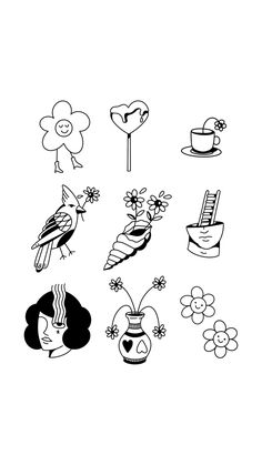 some black and white pictures with flowers, birds and other things on it's side