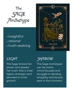 The infographic shows some information on the Sage Archetype as well as a beautiful artwork. The illustration depicts the Sage Archetype as a woman in a cloak surrounded by symbols of wisdom, such as the owl and books. The Sage Archetype is typically rational, thirsty for knowledge and insightful. 7 Feminine Archetypes, The Sage Archetype, Sage Archetype, Feminine Archetypes, Let Go Of Past, Jungian Archetypes, Nature Goddess, Brand Archetypes