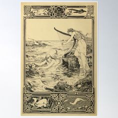 a drawing of a woman holding a harp in the water