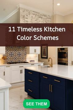 a kitchen with blue cabinets and white countertops is featured in this ad for the home improvement company