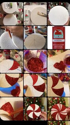 the process for making candy canes is shown in several different pictures, including red and white