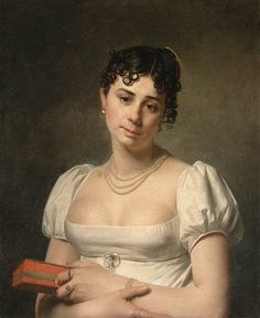 a painting of a woman in a white dress holding a red book and looking at the camera