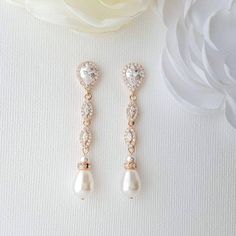 Wedding Clip On Earrings in Rose Gold-Abby - PoetryDesigns Wedding Jewellery Designs, Long Bridal Earrings, Rose Gold Bridal Earrings, Pearl Drop Earrings Gold, Crystal Earrings Wedding, Rose Gold Pearl, Silver Pearl Earrings, Gold Bridal Earrings, Wedding Earrings Drop