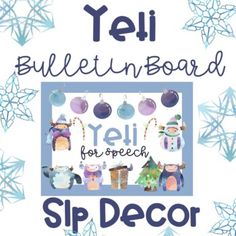 a blue and white sign that says yeli bulletin board yell for speech sip decor